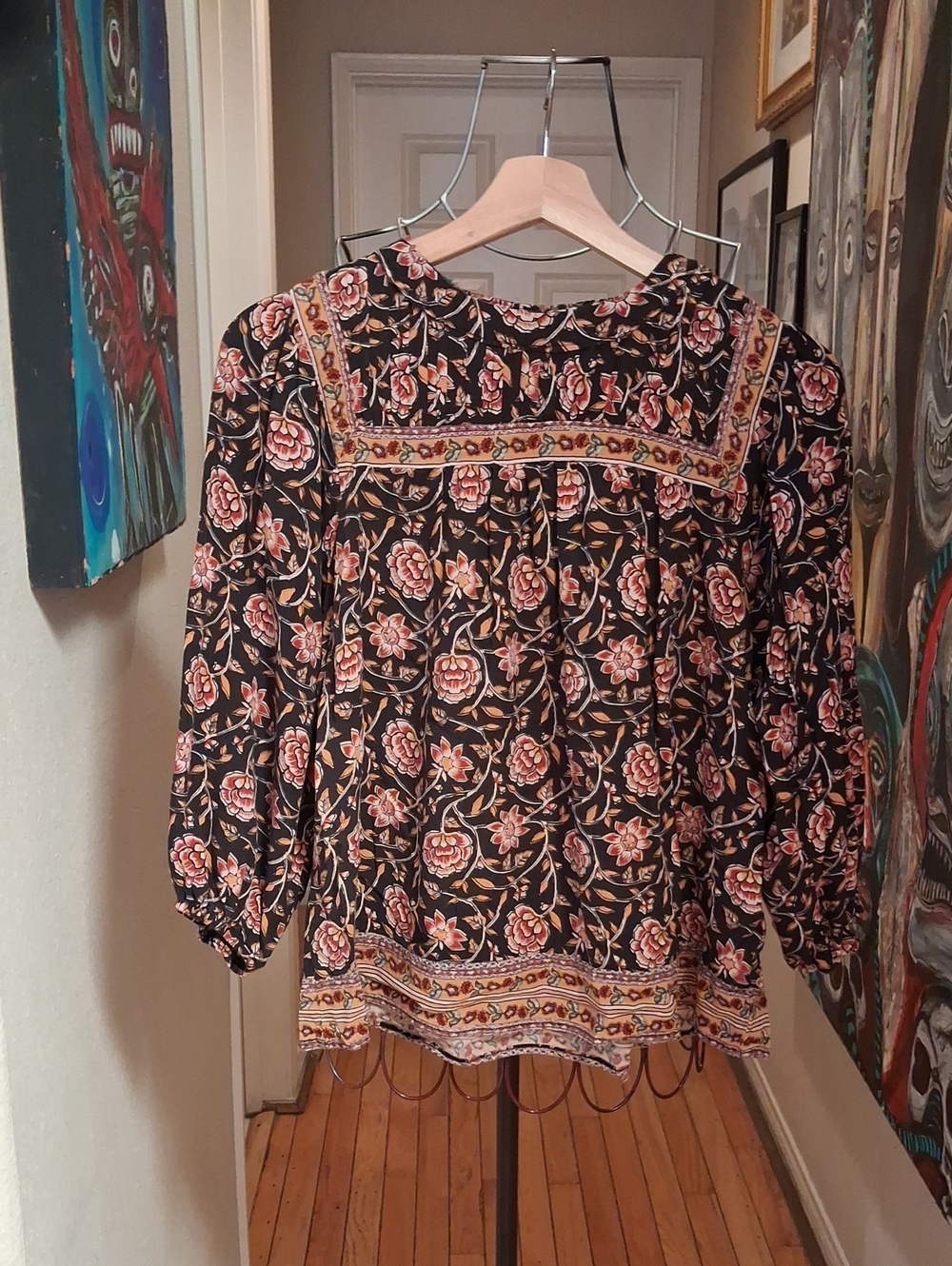 Knox Rose Black Floral Embroidered Yoke Blouse